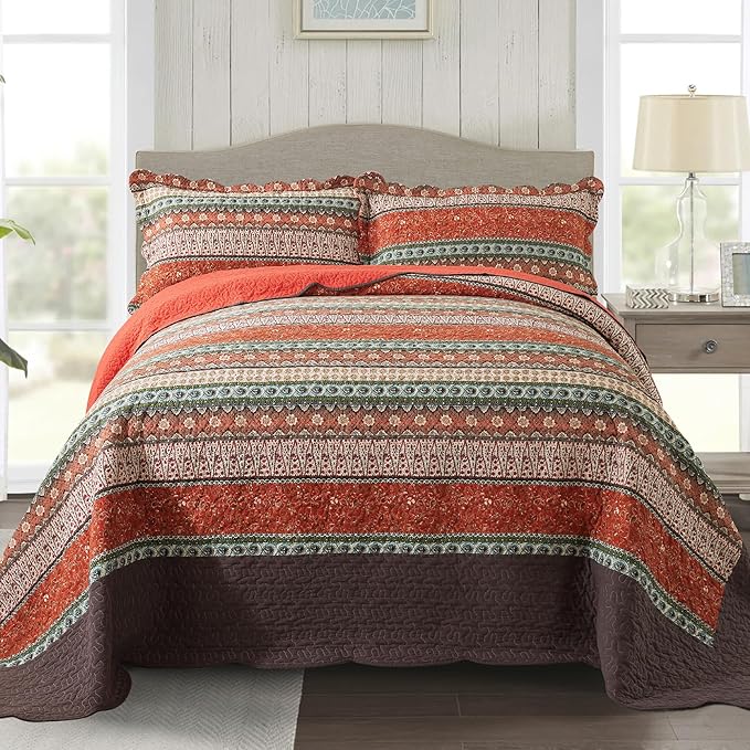 NEWLAKE Cotton Bedspread Quilt Sets - Reversible Patchwork Coverlet Set, Red Striped Jacquard Pattern, Oversized King Size-Ruum Studio Home