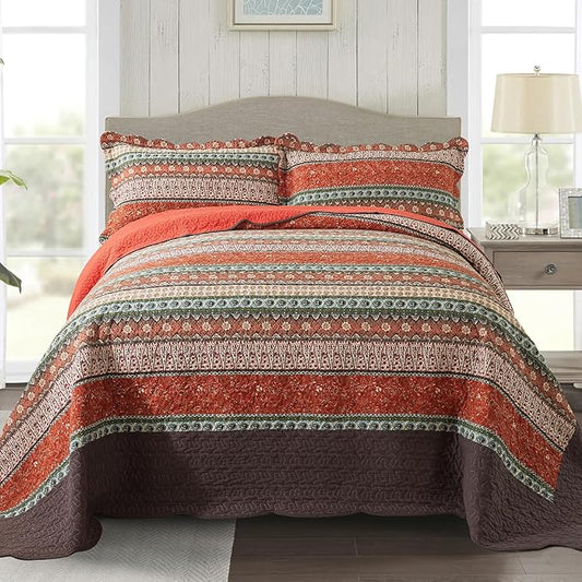 NEWLAKE Cotton Bedspread Quilt Sets - Reversible Patchwork Coverlet Set, Red Striped Jacquard Pattern, Oversized King Size-Ruum Studio Home