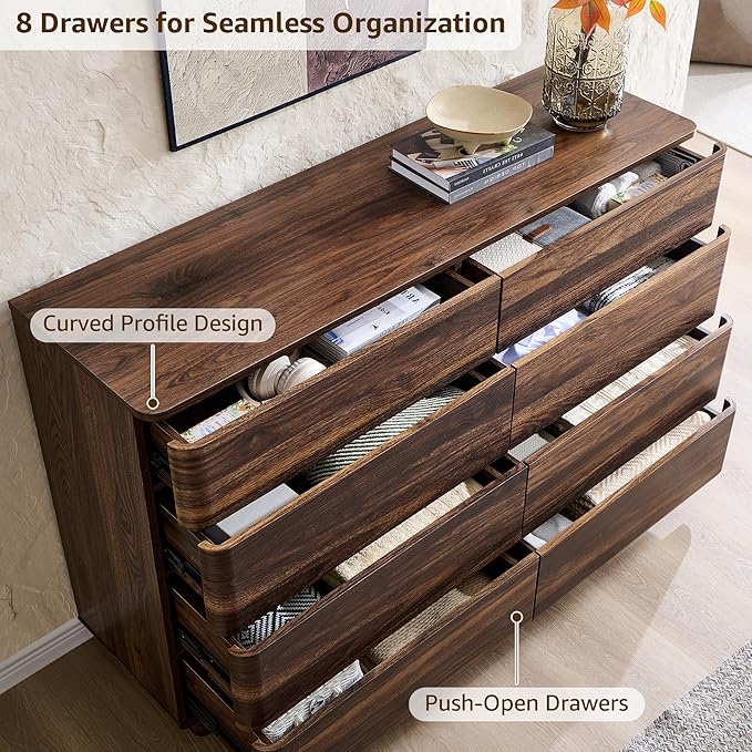 8 Drawer Dresser for Bedroom, 52 Inch Wide Modern Chest of Drawers, Push-to-Open Wood Storgae Organizer with Large Drawers for Bedroom, Living Room, Hallway,Brown-Ruum Studio Home
