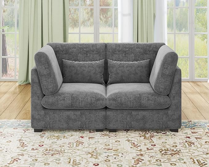 Oversized Modular Sofa, Extra Deep Cloud Chenille Sectional Couch with Ottoman Chaise, Fluffy Chenille 2 Seater Sofa Bed for Living Room, Villa (Loveseat Sofa, Chenille Grey)-Ruum Studio Home