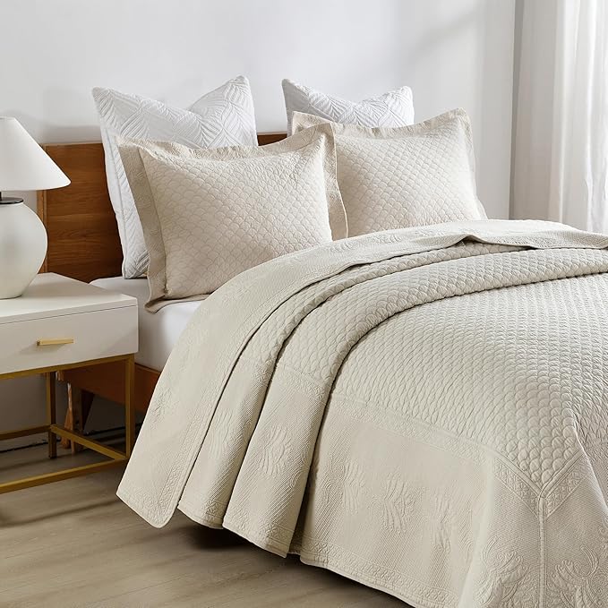 MarCielo 3-Piece 100% Cotton Oversized Bedspread Lightweight Quilt Coverlet Embroidery Farmhouse Bedding Set (TM Khaki Beige, Oversized Queen (100"x106"))-Ruum Studio Home