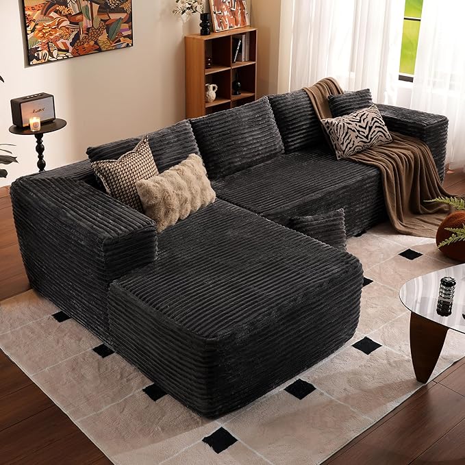 ovios 104" Cloud Sectional Couch with L-Shape Chaise,Modern Modular Sofa with Deep Seat, Upholstered Couches for Living Room Bedroom,No Assembly Required, Grey (Plush Corduroy Fabric)-Ruum Studio Home