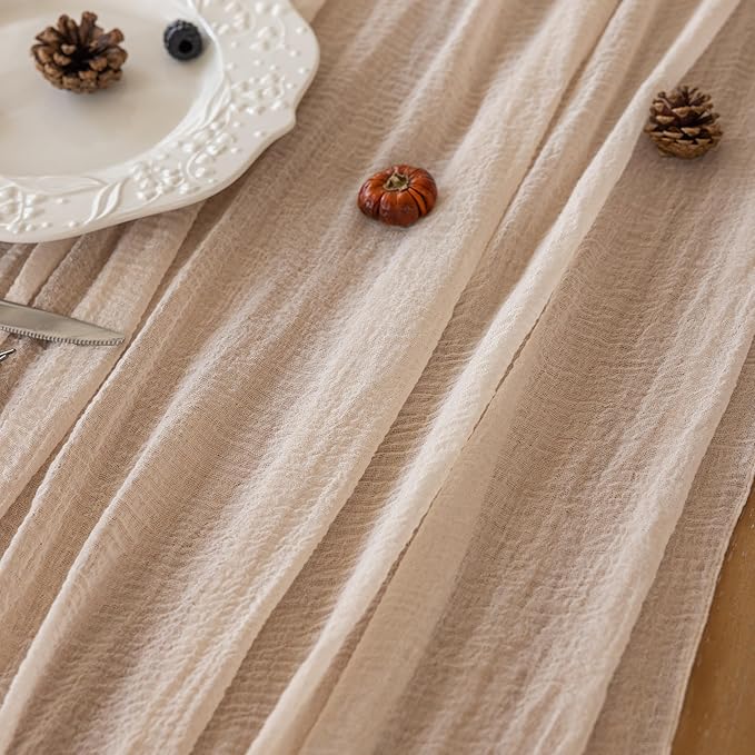 Beige Gauze Rustic Cheesecloth Table Runner 120 Inch 10 FT for Wedding Baby Shower Bridal Shower Birthday Engagement Garden Outdoor Party Long Sheer Boho Decorations-Ruum Studio Home