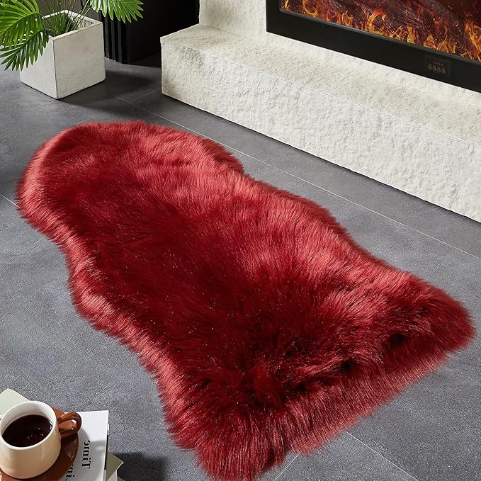 AMTOVO Faux Fur Rug, Burgundy Area Rug, Fluffy Sheepskin Rug, Fuzzy Ultra Soft 2 x 4 ft Shag Rugs for Bedroom Sofa Throw Cushion Room Decor, Sheepskin-Ruum Studio Home