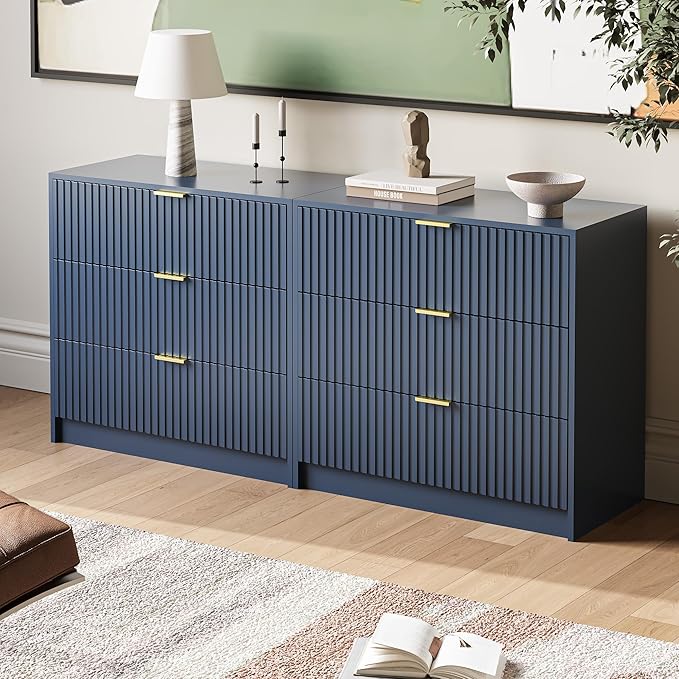 Fluted Dresser for Bedroom, 32 Inch Wide Nightstand with Large Drawer, 3 Drawer End Table for Bedroom, Living Rooms, Offices, and Entryways, Navy Blue-Ruum Studio Home