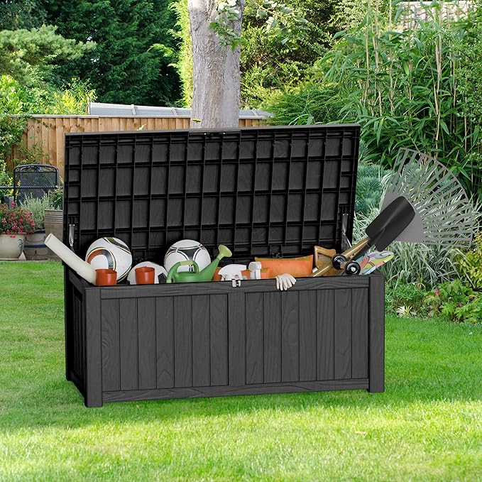 150 Gallon Outdoor Storage Box Patio Deck Box Waterproof, Resin Lockable Outside Large Storage Bin for Pool Cushion Furniture, Garden Tools UV-Resistant, Black-Ruum Studio Home