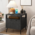 Nightstand with Charging Station, 24" End Table Side Table with Open Shelf, Modern Large Wood Fluted Bedside Cabinet for Bedroom, Living Room, Black-Ruum Studio Home