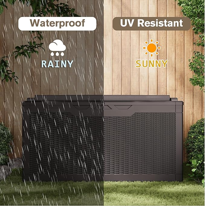 JUMMICO 100 Gallon Resin Deck Box with Cushion, Waterproof Outdoor Storage Box with Lockable Lid for Garden Tools, Patio Cushions (Brown)-Ruum Studio Home