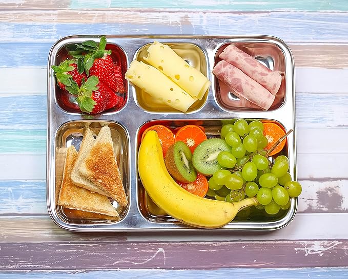 Extra Large Premium Stainless Steel Dinner Plates, 5 Compartments, Set of 2 | Eco Friendly Dinnerwear for Camping, Portion Control, Meal Prep, Lunch, and Party-Ruum Studio Home