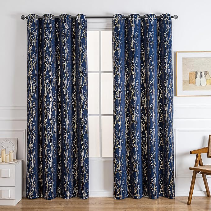 Grommets Blackout Long Window Curtains Navy Blue Gold-52W*108L 2PCS Drapes for Bedroom-Ruum Studio Home