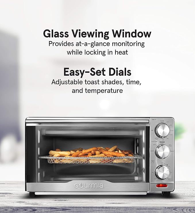 Gourmia GTF7350 6-in-1 Multi-function, Stainless Steel Air Fryer Oven - 6 Cooking Functions - Fry Basket, Oven Rack, Baking Pan & Crumb Tray, Included + Recipe Book-Ruum Studio Home