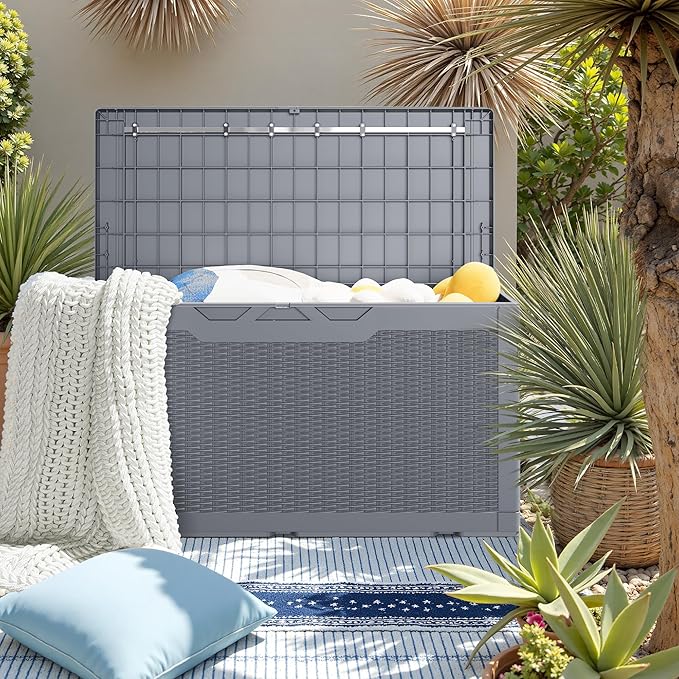 JUMMICO 100 Gallon Resin Deck Box with Cushion, Waterproof Outdoor Storage Box with Lockable Lid for Garden Tools, Patio Cushions (Gray)-Ruum Studio Home