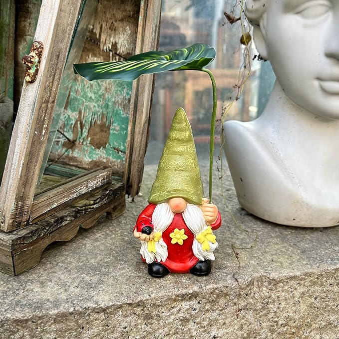 Garden Female Gnome Statue Decoration with Leaf Umbrella, 6.5” Figurine Ornament for Indoor Outdoor Home Patio Yard Lawn, for Gnome Lovers & Garden Enthusiasts，Mom，Women-Ruum Studio Home