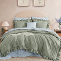 Full Comforter Set - 7 Pieces Ruffle Sage Green Bedding Sets, Shabby Chic Farmhouse Bed in a Bag Full with Ruffle Comforter, Floral Sheets, Pillowcases & Shams-Ruum Studio Home