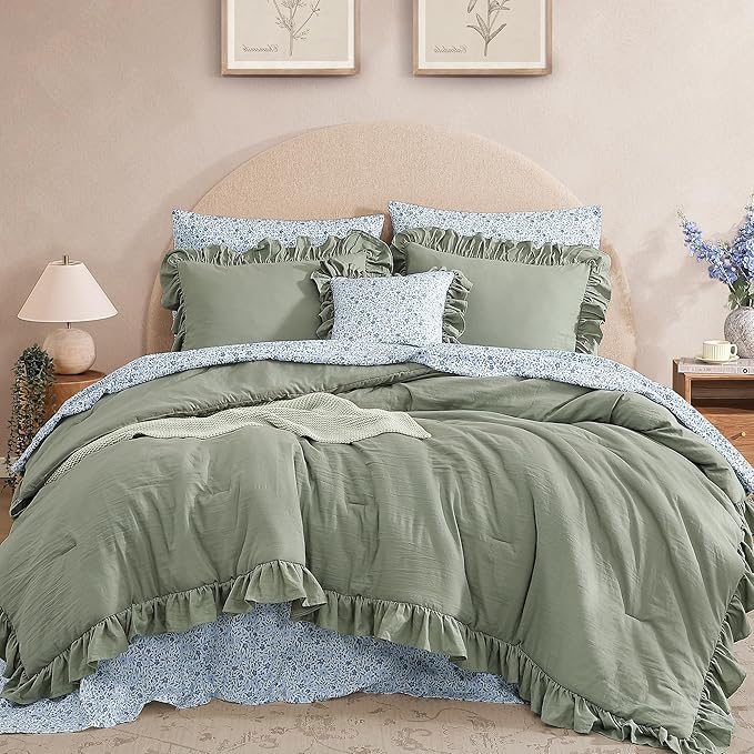 Full Comforter Set - 7 Pieces Ruffle Sage Green Bedding Sets, Shabby Chic Farmhouse Bed in a Bag Full with Ruffle Comforter, Floral Sheets, Pillowcases & Shams-Ruum Studio Home