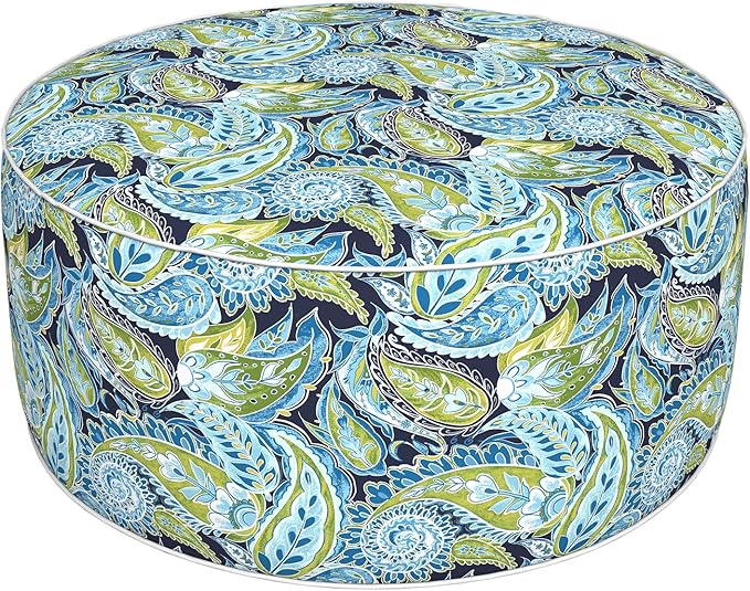 Inflatable Ottoman Stool D31 xH14 for Outdoor/Indoor Use, Water Repellent Patio Foot Rest with Portable Handle,Round Pouf Ottoman Suitable for Garden,Deck and Camping - Paisley Lapis Green-Ruum Studio Home