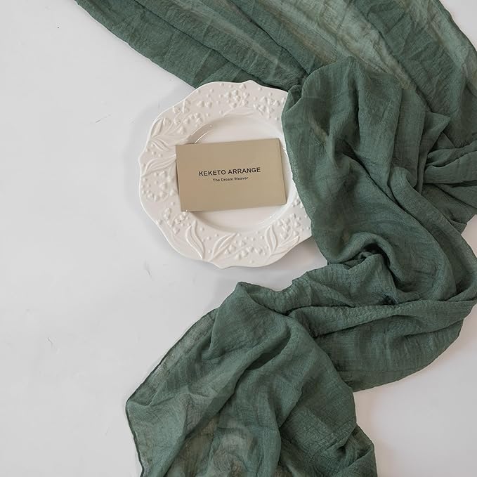 Forest Green Gauze Rustic Cheesecloth Table Runner 120 Inch 10 FT for Wedding Baby Shower Bridal Shower Birthday Engagement Garden Outdoor Party Long Sheer Boho Decorations-Ruum Studio Home