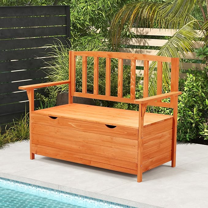 AVAWING Outdoor Storage Bench, Wooden Garden Bench Weatherproof, Patio Benches for Outside, 2-Seat Front Porch Bench, Park Bench for Deck, Lawn, Backyard(Natural)-Ruum Studio Home