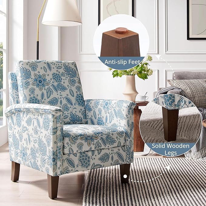 Floral Accent Chair, High Back Upholstered Armchair with Solid Wooden Legs, Padded Armrest and Removable Comfortable Cushioned Seat Single Sofa for Living Room, Bedroom, Blue-Ruum Studio Home