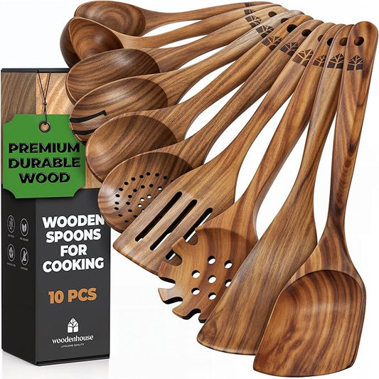 Wooden Spoons for Cooking, 10 Pcs Wooden Cooking Utensils Set – Wooden Utensil Set for Nonstick Pans & Cookware – Teak Wood - Sturdy, Lightweight & Heat Resistant-Ruum Studio Home
