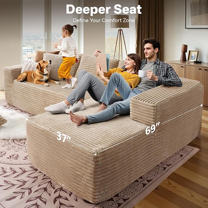 104" Cloudy Sectional L Shaped Couch for Living Room, No Assembly Required, Modular Comfy Sofa with Deep Seat, Fluffy Couch with Sleeper Chaise for Apartment Lounge (Beige)-Ruum Studio Home