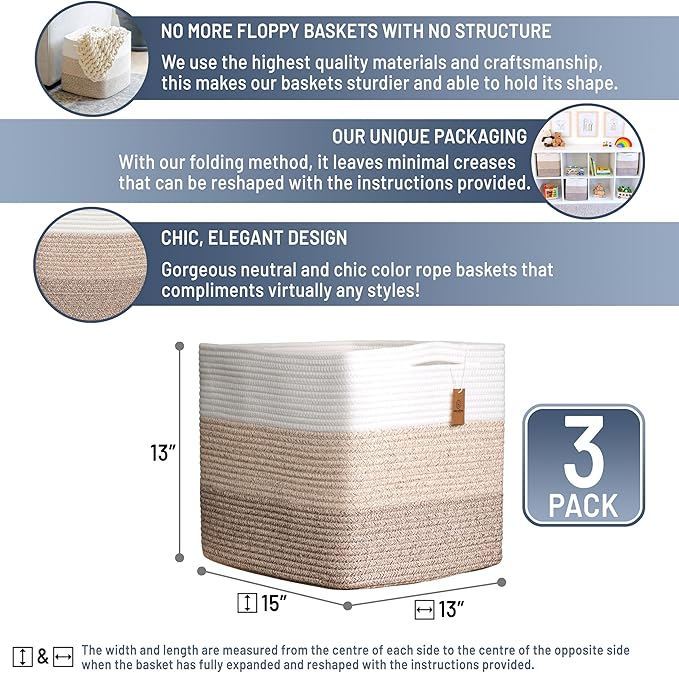 NaturalCozy 13x15x13 Kallax Storage Cubes Bins, 3 Pack | Cotton Rope Cube Storage Bin Woven Baskets for Organizing | Kallax Insert Storage Baskets for Shelves Organizer, Kids Toy, Closet Baby Nursery-Ruum Studio Home