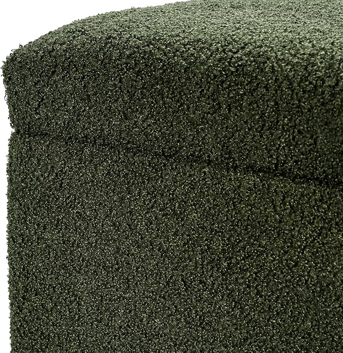 Adeco 17 Inch Soft Dark Green Cube Ottoman Storage, Teddy Velvet Chair Foot Stools, Upholstered Vanity Stool with Hinged Lid, Solid Round Wood Legs-Ruum Studio Home