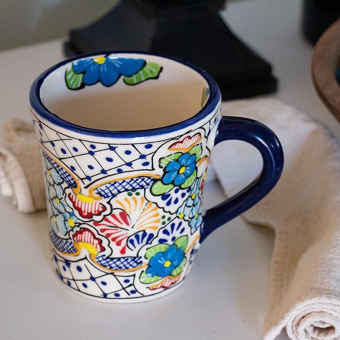 Encantada Handmade Hand-Painted Authentic Mexican Pottery Mugs (Multi Blue Green)-Ruum Studio Home