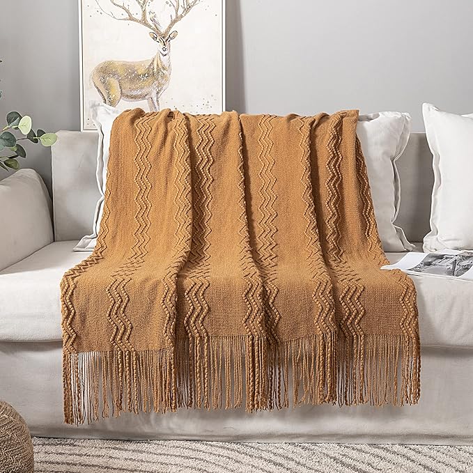 MIULEE Knitted Brown Throw Blanket for Couch,Boho Bed Decor Knit Outdoor Blankets Throw Size with Tassels Cozy Woven for Sofa Home Chair Wave Pattern 50" x 60" Inches-Ruum Studio Home