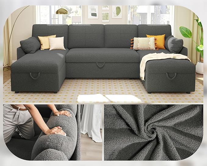 VanAcc Sleeper Sofa, 110 inch Oversize - 2 in 1 Pull Out Bed, Sectional Sleeper Sofa with Double Storage Chaise for Living Room, Grey Boucle Couch-Ruum Studio Home