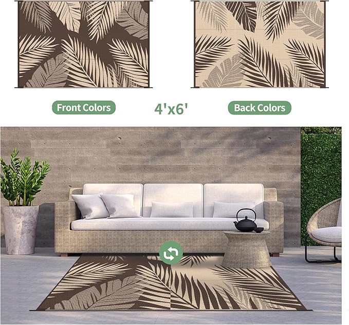 GENIMO Outdoor Rug 4' x 6' Waterproof for Patios Clearance, Reversible Outdoor Plastic Straw Camping Rug Carpet, Large Area Rugs Mats for RV, Camper, Deck, Balcony, Porch, Beach, Coffee&Beige-Ruum Studio Home