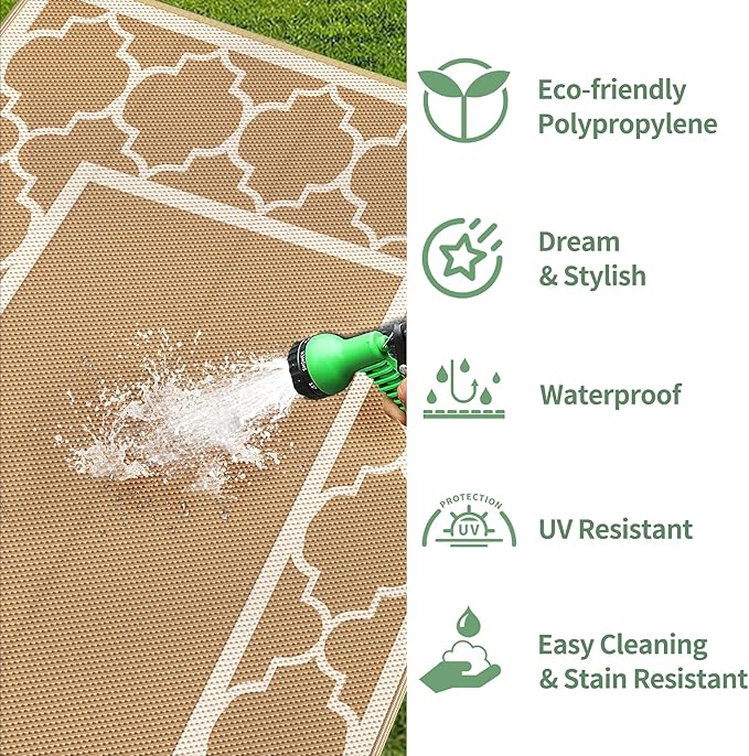 GENIMO 9' x 12' Outdoor Rug for Patio Clearance, Waterproof Indoor Outdoor Plastic Straw Rugs Carpet, Reversible Outside Area Rv Mat for Camping, Balcony Porch, Deck, Picnic, Beach (Brown & Beige)-Ruum Studio Home