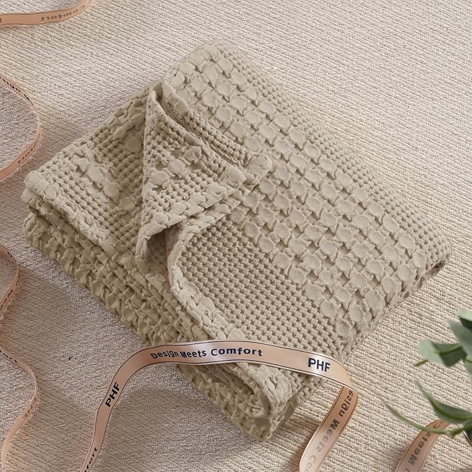 PHF 100% Cotton Waffle Weave Throw Blanket, Soft Lightweight Breathable Cozy Summer Throws for Couch Bed Sofa, Luxury Aesthetic Woven Blanket for Home Decor & Office, 50"x60", Simply Taupe-Ruum Studio Home