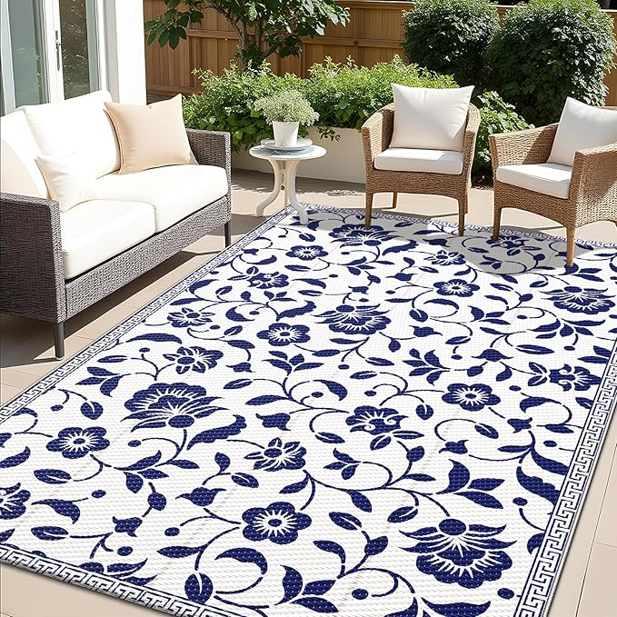 OLANLY Waterproof Outdoor Rug 5x8 ft, Outdoor Plastic Straw Rug with Flower Pattern, Reversible RV Mat for Patio, Camping, Balcony, Deck, Backyard, Navy & White-Ruum Studio Home