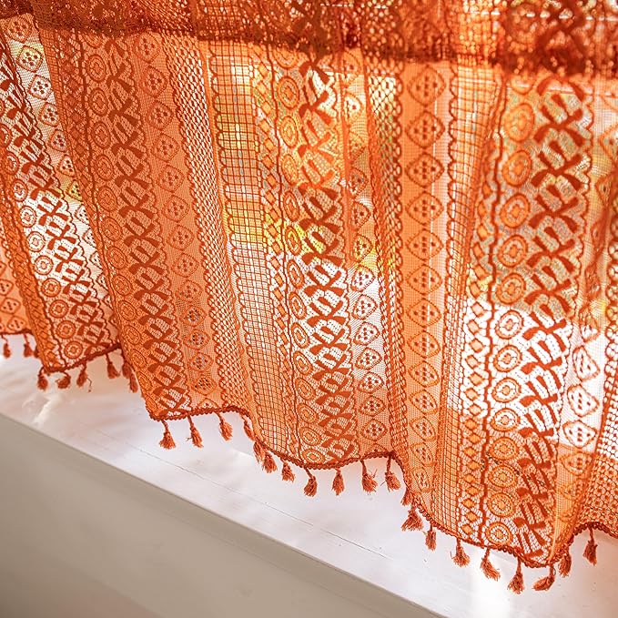 Sutuo Home Terracotta Boho Curtains Crochet Sheer Bohemian Hollow Knitted with Tassels, Valance Short Tier Privacy Vintage Rustic Farmhouse Drapes for Kitchen, Rod Pocket 1 Panel 59" W x 24" L, Orange-Ruum Studio Home
