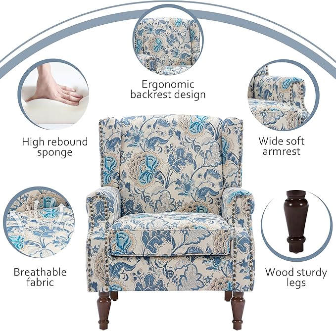 Lumibee High Back Accent Chair, Armchair in Fabric,Comfy Upholstered Wingback Single Sofa Reading Chair with Solid Wood Legs for Living Room,Bedroom,Office-Boho Blue-Ruum Studio Home