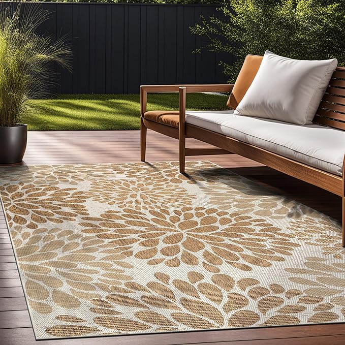 Beverly Rug Outdoor Rug 10x14 Modern Exotic Tropical Leaf Area Rugs for Indoor and Outdoor Patio Deck Porch Garden Water Resistant Washable Outside Carpet (10 x 14 Beige)-Ruum Studio Home