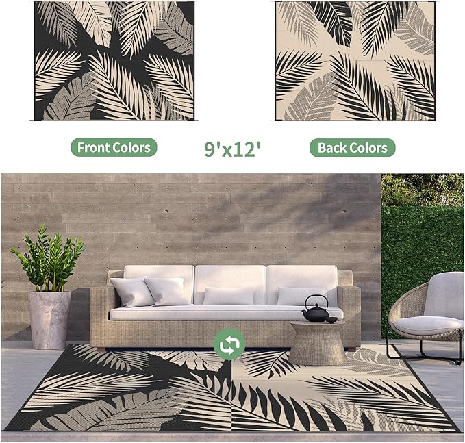 GENIMO Outdoor Rug 9' x 12' Waterproof for Patios Clearance, Reversible Outdoor Plastic Straw Camping Rug Carpet, Large Area Rugs Mats for RV, Camper, Deck, Balcony, Porch, Beach, Picnic, Black&Beige-Ruum Studio Home