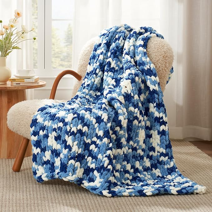 Amélie Home Chunky Knit Throw Blanket for Couch, Soft Chenille Crochet Blanket for Sofa, 50"x60", Space-Dyed Blue-Ruum Studio Home