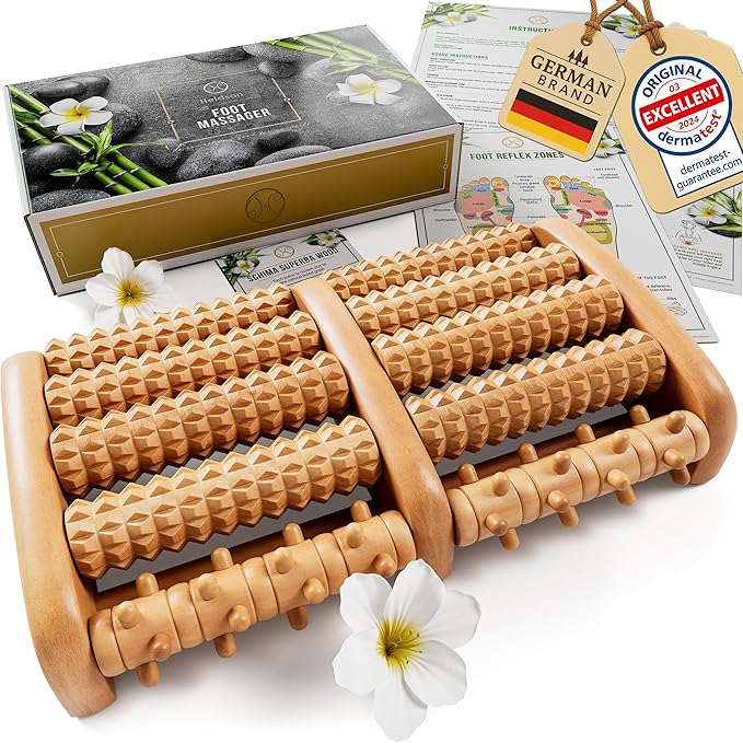 HELDSON® Foot Roller Massager Plantar Fasciitis Pain Relief - Wooden Under Desk Feet Massage - Dual Manual Heel Massagers - Wood Rolling Acupressure Tool with Reflexology Guide - Gift for Men, Women-Ruum Studio Home