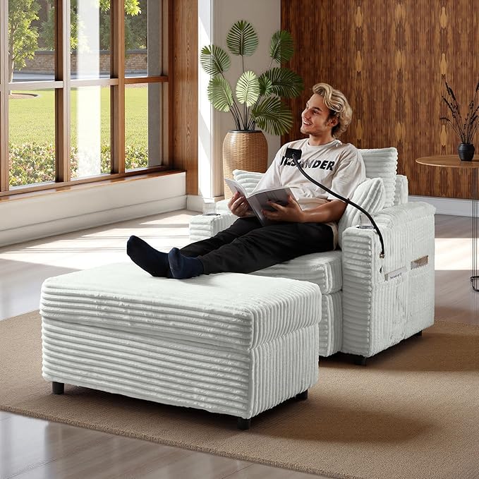 Accent Chair with Storage Ottoman Upholstered Living Room Chairs for Reading Chair with Chaise Lounge Chairs Indoor, Comfortable Armchair for Bedroom-Ruum Studio Home