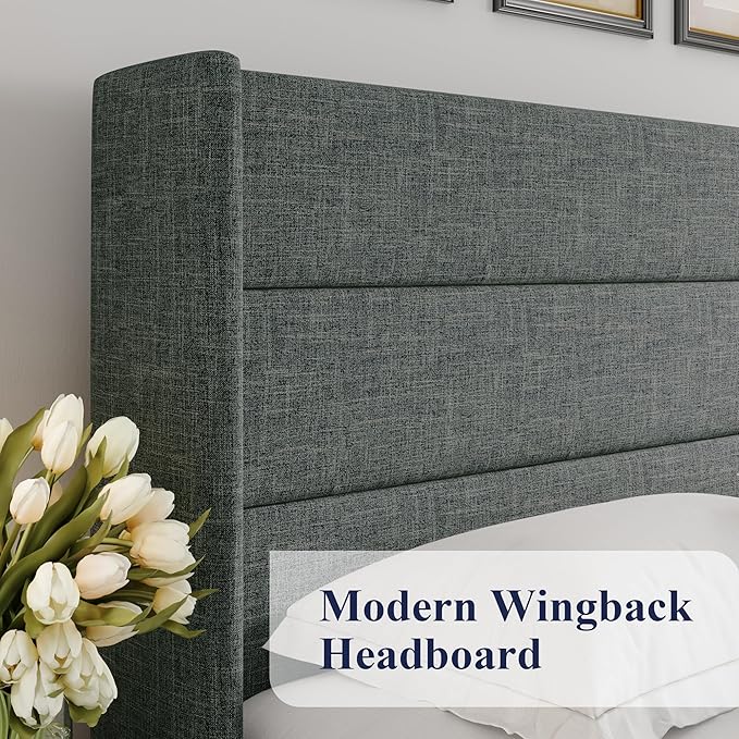 Allewie Full Size Lift Up Storage Bed, Modern Wingback Headboard, Hydraulic Support, No Box Spring Needed, Dark Grey-Ruum Studio Home