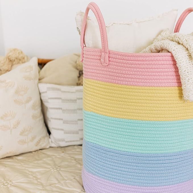 OrganiHaus Cotton Rope Basket for Rainbow Classroom Decor 15x18 | Toy Basket for Pastel Room Decor | Playroom Organization and Storage | Toy Bins & Book Basket | Tall Blanket Basket for Living Room-Ruum Studio Home