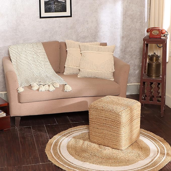 REDEARTH · Cube Pouf Foot Stool Ottoman - Jute Braided Pouffe Poof Accent Sitting Footrest for The Living Room, Bedroom, Nursery, Patio, Lounge & Other Rooms in The Home (14.5”x14.5”x16”; Natural)-Ruum Studio Home