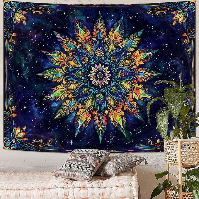 Fowocu Boho Floral Mandala Tapestry for Bedroom Aesthetic Blue Bohemian Colorful Flower Wall Tapestry Purple Hippie Indian Small Tapestries Wall Hanging for Living Room Dorm Decor 60 x 44 Inch-Ruum Studio Home