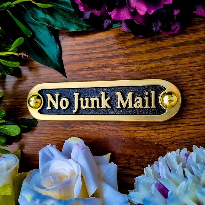 No Junk Mail Metal Brass Door Sign. Traditional Style Home Décor Wall Plaque Handmade By The Metal Foundry UK.-Ruum Studio Home