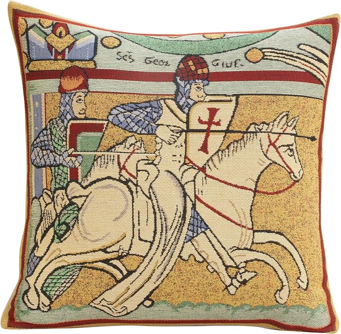 Charlotte Home Furnishings Chevaliers de St.Gregoire Throw Pillow Cover 16" x 16" – Medieval Knight Tapestry Cushion Case for Sofa, Couch, & Bed | Cotton Jacquard Woven in Europe | Insert Not Included-Ruum Studio Home