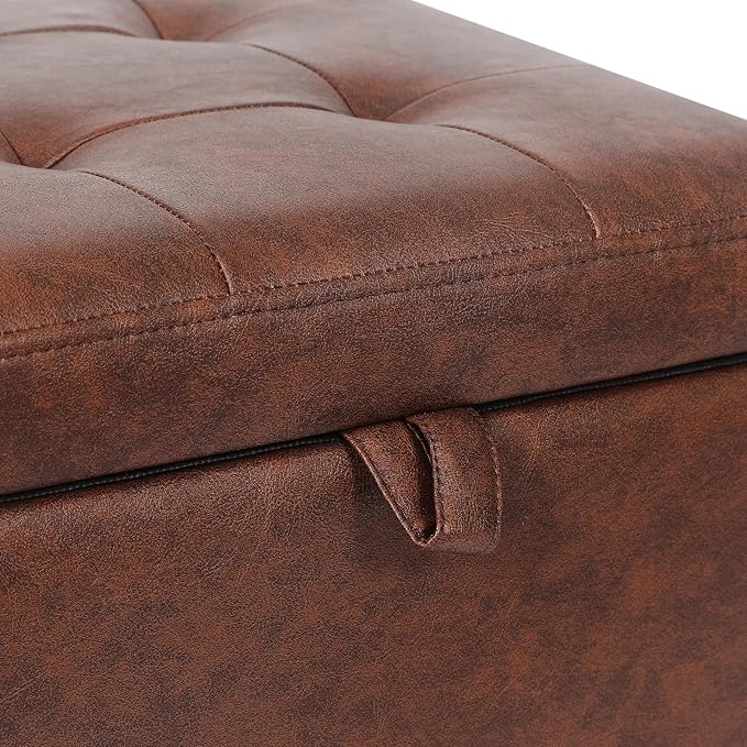 Adeco Faux Leather Storage Ottoman Bench with Wood Legs, 17.7" Square Red and Brown PU Cube Foot Stool, Upholstered Button Tufted Vanity Chair with Hinged Lid for Living Room, Bedroom, Dorm-Ruum Studio Home