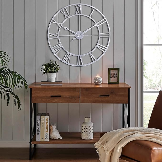 CLXEAST Large Modern 30 Inch Wall Clock Silver, Oversized Big Roman Numeral Metal Wall Clocks for Living Room Decor, Home Office-Ruum Studio Home