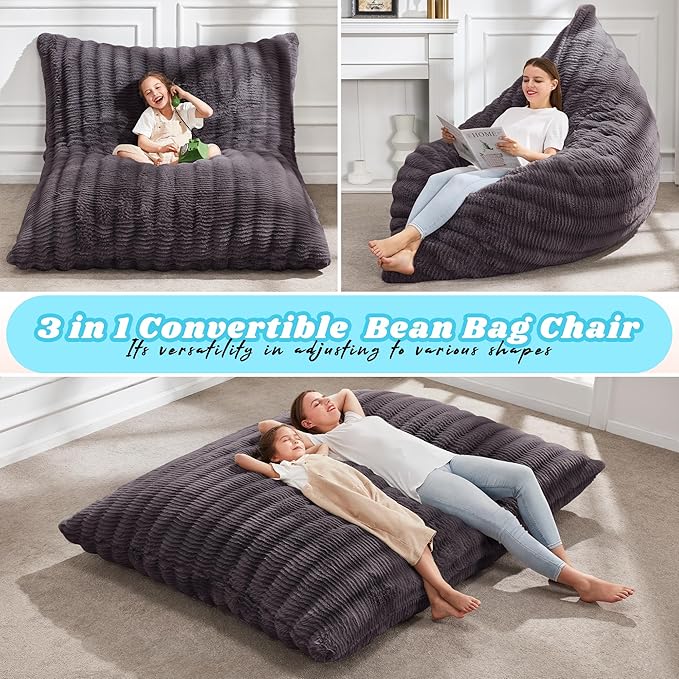 Hobestluk 3 in 1 Bean Bag Chair Giant Bean Bag Chairs for Adults with Ripple Cover Convertible Bean Bag Floor Cushion with Machine Washable Cover for Living Room (Ripple Dark Grey)-Ruum Studio Home
